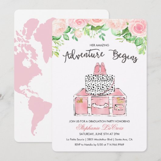 Bloemige uitnodiging met reis-thema (Voorkant / Achterkant)