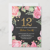 Bloemige uitnodiging voor 12e verjaardag Gouden gl (Voorkant)