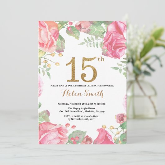 Bloemige uitnodiging voor 15e verjaardag met goude (Staand voorkant)