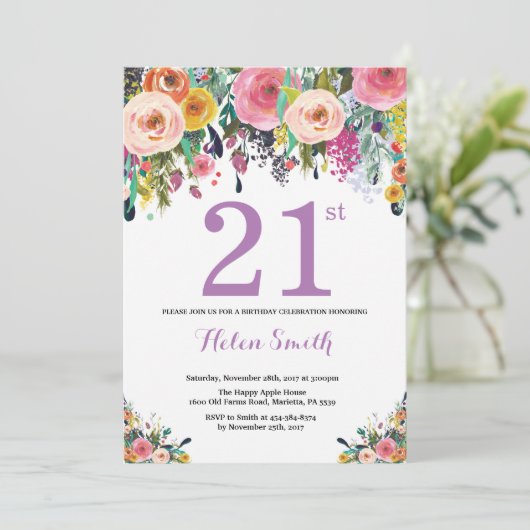 Bloemige uitnodiging voor 21e verjaardag paars (Staand voorkant)