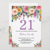 Bloemige uitnodiging voor 21e verjaardag paars (Voorkant / Achterkant)