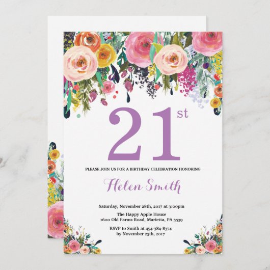 Bloemige uitnodiging voor 21e verjaardag paars (Voorkant / Achterkant)