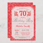 Bloemige uitnodiging voor 70ste verjaardag rood vo (Voorkant / Achterkant)