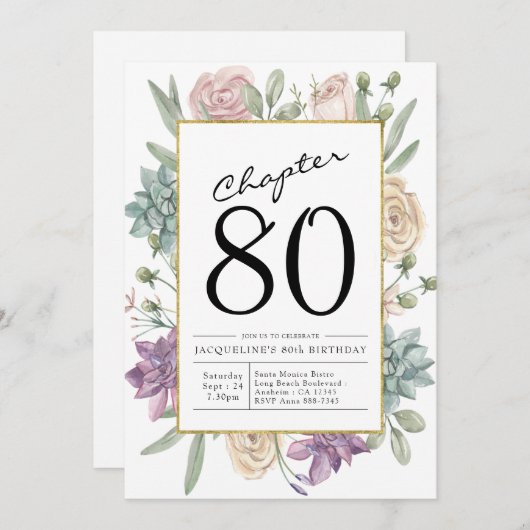 Bloemige uitnodiging voor 80ste verjaardag (Voorkant / Achterkant)