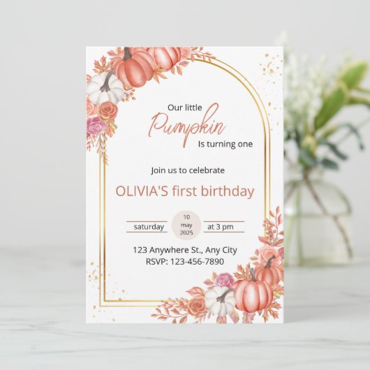 Bloemige Uitnodiging voor onze Kleine Pompoen zijn (Staand voorkant)