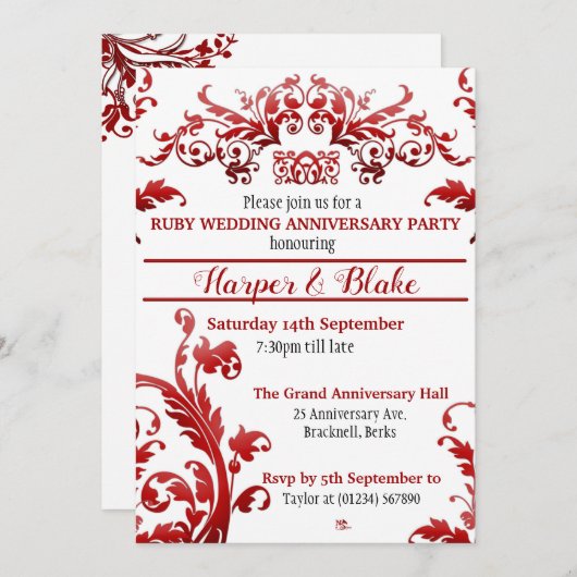 Bloemige uitnodigingen voor 40-jarig jubileum Ruby (Voorkant / Achterkant)