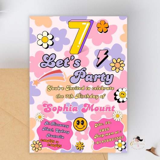 Bloemige uitnodigingskaart voor 7e verjaardag voor kaart