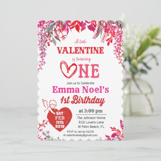 Bloemige Valentijnsdag 1e verjaardagsuitnodiging Kaart (Staand voorkant)