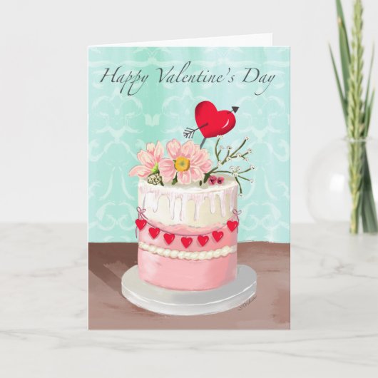 Bloemige Valentijnskaart met cake Kaart (Voorkant)