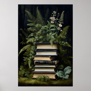 Bloemige varen-boek stapel print, Dark Academia Poster