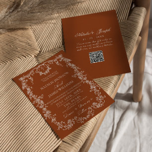 Bloemige Verbrande Oranje Botanische QR Code Huwel Kaart