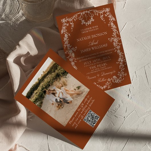 Bloemige Verbrande Oranje Foto QR Code Boho Bruilo Kaart