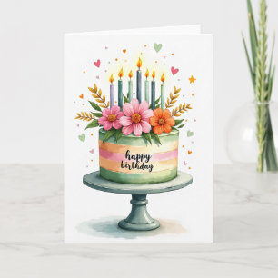Bloemige verjaardagskaart met cake kaart