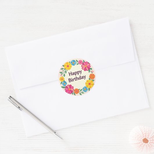 Bloemige verjaardagssticker ronde sticker (Envelop)