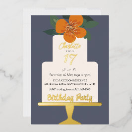 Bloemige verjaardagstaart Goud  Folie Uitnodiging