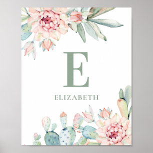 Bloemige vetplanten baby monogram. Cactus kwekerij Poster