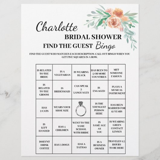 Bloemige Vind De Gast Bruidsbruiloft Bingo Flyer (Voorkant)