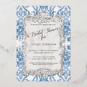 Bloemige Vintage Elegante Blauwe Zilveren Bruiloft Folie Uitnodiging