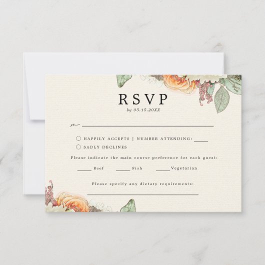 Bloemige Vintage Eucalyptusrozen Menu Keuze RSVP (Voorkant)
