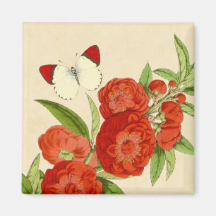 Bloemige vintage magneet met rode bloem en vlinder