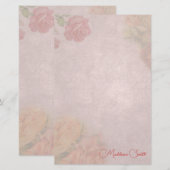 Bloemige Vintage Roos Aangepaste Naam Briefpapier (Voorkant / Achterkant)