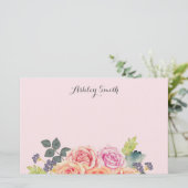 Bloemige Vintage Rozen Licht Roze Script Naam Briefpapier (Staand voorkant)