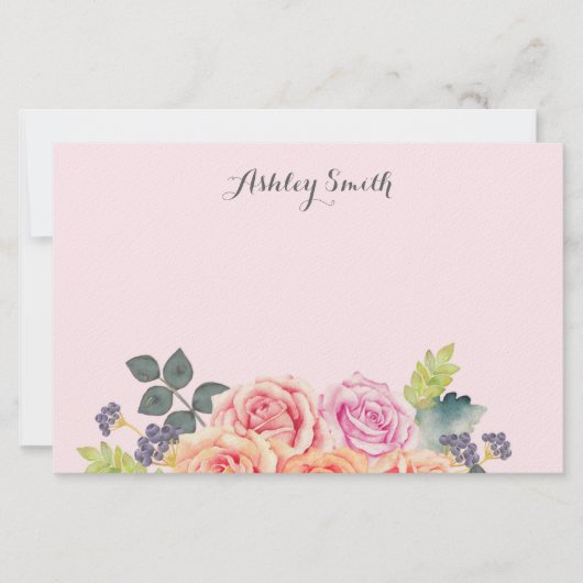 Bloemige Vintage Rozen Licht Roze Script Naam Briefpapier (Voorkant)