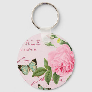 Bloemige vintage rozen sleutelhanger in roze