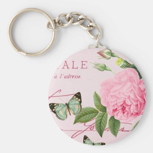 Bloemige vintage rozen sleutelhanger in roze (Voorkant)