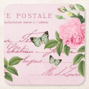 Bloemige vintage zomer coaster met roze roos kartonnen onderzetters