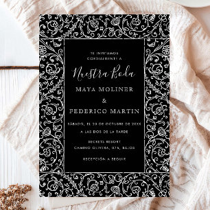Bloemige Vintage Zwart & Wit Nuestra Boda Trouwen Kaart