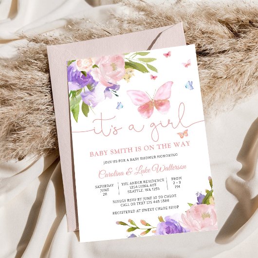 Bloemige Vlinder Baby Shower Uitnodiging