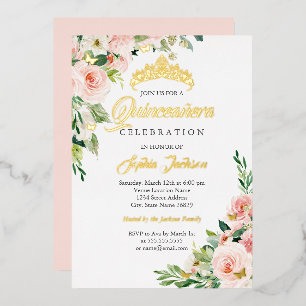 Bloemige Vlinder Blush Roze Gouden Quinceanera Folie Uitnodiging