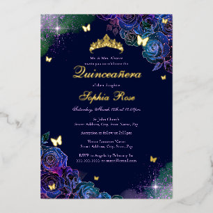 Bloemige Vlinder Regenboog Gouden Quinceanera Folie Uitnodiging