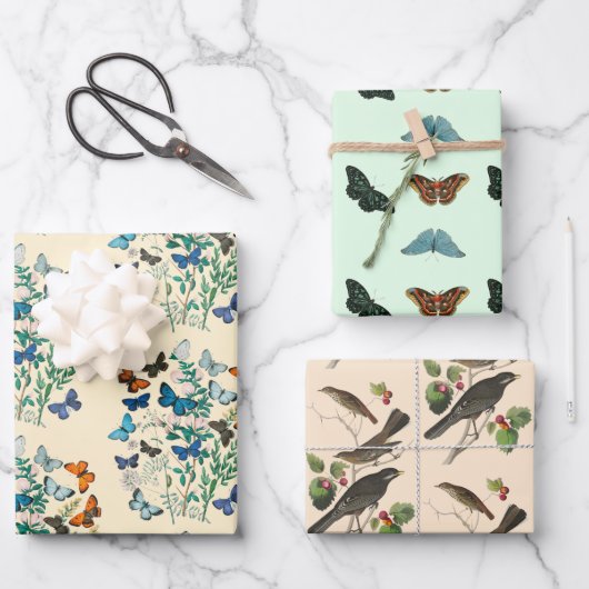 bloemige vlinder vogelpatroon roze groen inpakpapier vel (Voorkant)