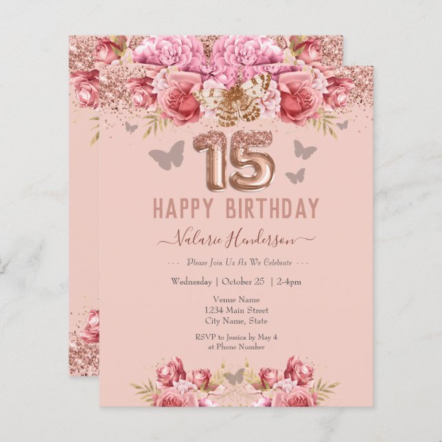 Bloemige Vlinders Roze Gelukkig 15e Verjaardag (Voorkant / Achterkant)