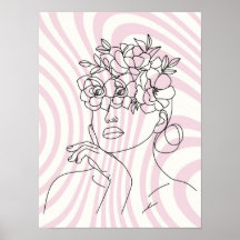Bloemige Vrouw Lijnkunst Muurposter, Boho Esthetie