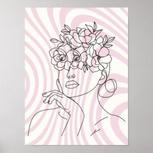 Bloemige Vrouw Lijnkunst Muurposter, Boho Esthetie Poster