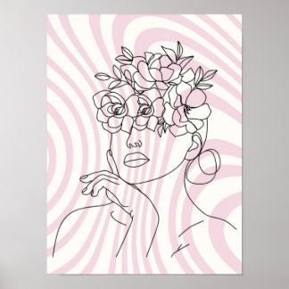 Bloemige Vrouw Lijnkunst Muurposter, Boho Esthetie Poster
