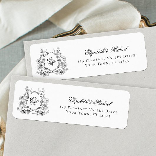 Bloemige Wapen Monogram Huwelijk Retouradres Etiket