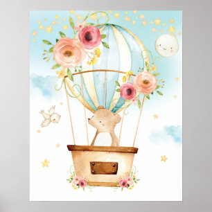 Bloemige warme luchtballon Schattige beer Avontuur Poster