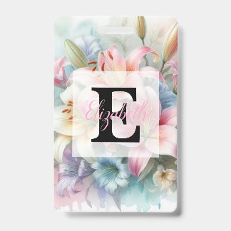 Bloemige watercolor monogram roze lelies bloemen  badge