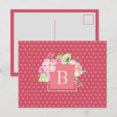 Bloemige waterverf aangepaste initiële roze stippe briefkaart (Voorkant / Achterkant)