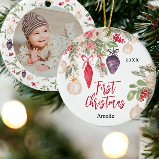  bloemige waterverf baby eerste Kerstmis Keramisch Ornament
