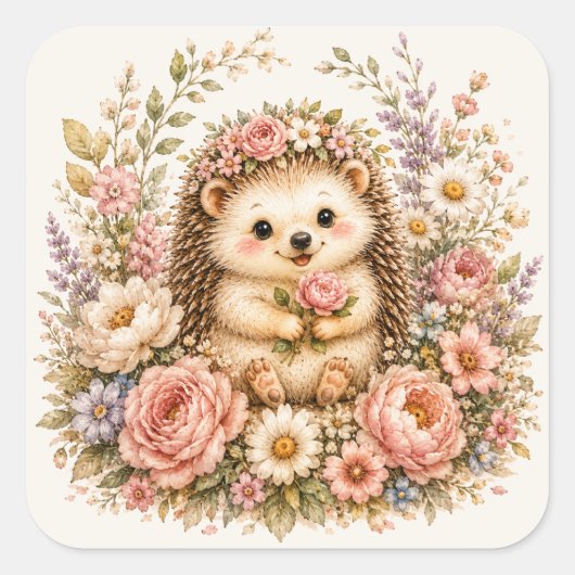 Bloemige Waterverf Kunst van de Egel Vierkante Sticker (Voorkant)
