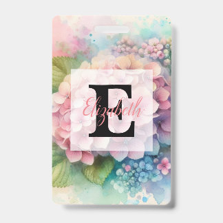 Bloemige waterverf monogram roze hortensia badge