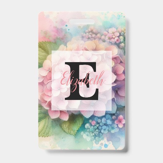 Bloemige waterverf monogram roze hortensia badge (Voorzijde)