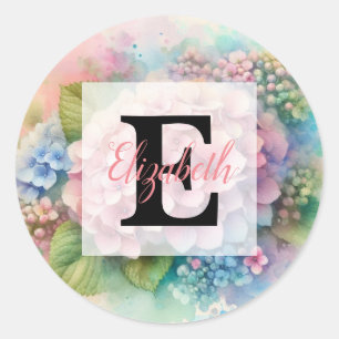 Bloemige waterverf monogram roze hortensia ronde sticker