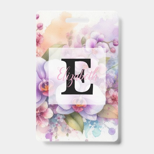 Bloemige waterverf monogram roze orchidee bloemen badge (Voorzijde)