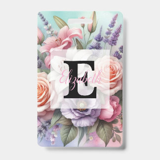 Bloemige waterverf monogram roze paarse bloemen  badge